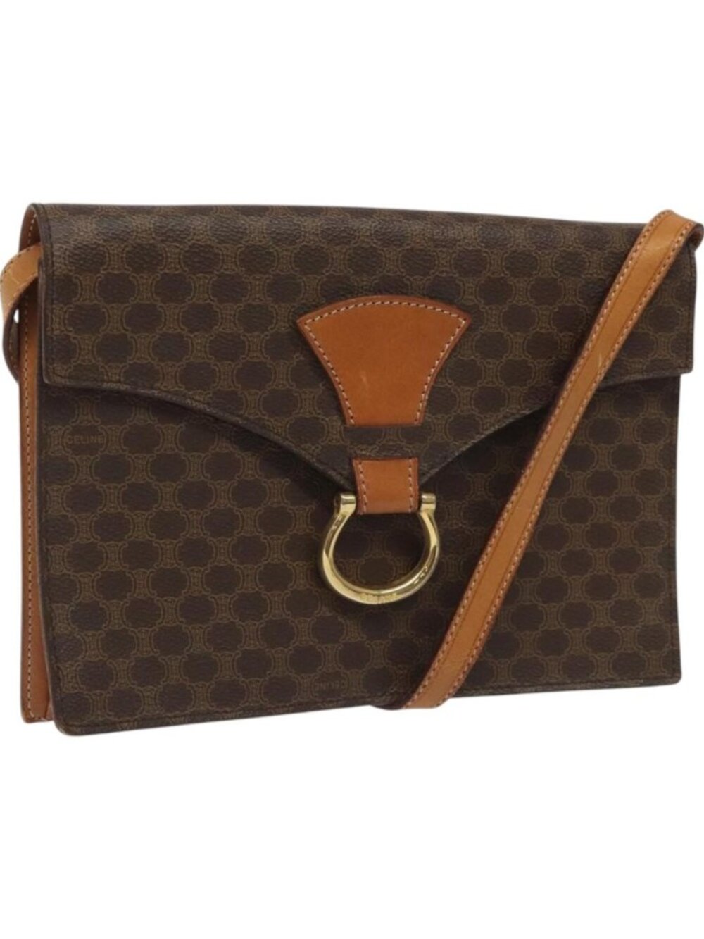 CELINE Macadam Canvas Shoulder Bag PVC Leather Brown Gold